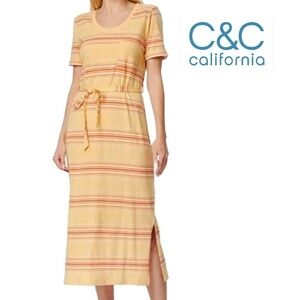 C&C California Rayon Blend Maxi Dress Shift Tee Shirt Yellow Stripe XS-S NWOT
